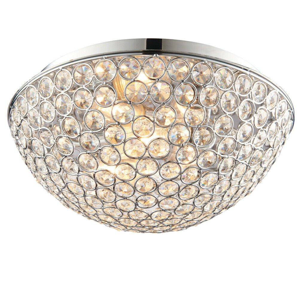 Flush Bathroom Ceiling Light Crystal Bead Dome Shade IP44 Round Lamp Bulb Holder