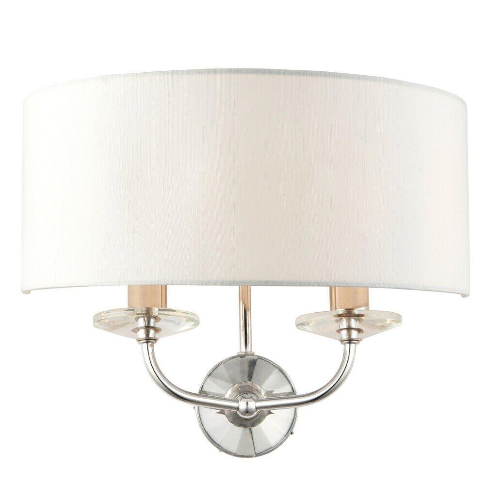 Dimmable Twin Wall Light Nickel & White Fabric Shade Curved Arm Lamp Fitting
