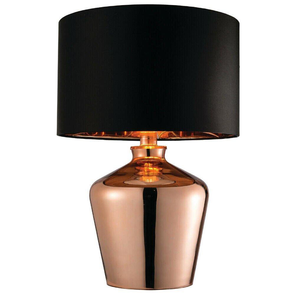 Modern Mirror Table Lamp Gloss Copper Glass & Black Shade Feature Bedside Light