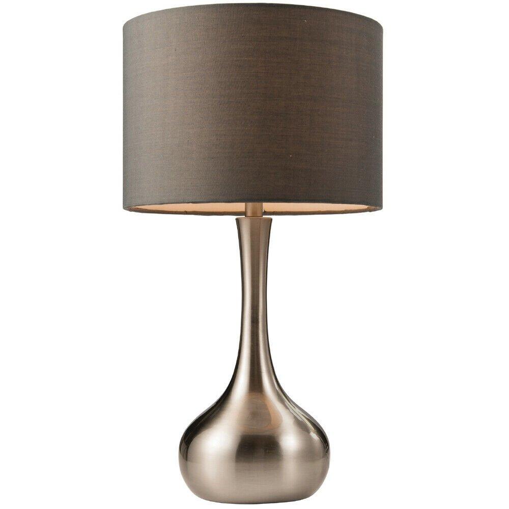 Touch Dimmer Table Lamp Satin Nickel & Grey Shade Modern Metal Bedside Light