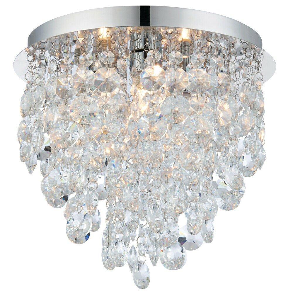 Flush Bathroom Ceiling Light Hanging Crystal Bead IP44 Round Lamp Bulb Holder