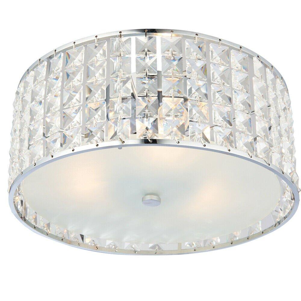 Flush Bathroom Ceiling Light Diffused Crystal Shade IP44 Round Lamp Bulb Holder