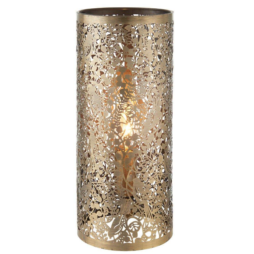 Pattern Table Lamp Light Aged Brass Floral Bird Metal Cylindrical Shade Modern