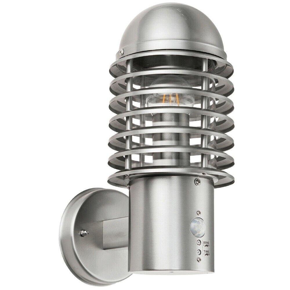 IP44 Outdoor Wall Lamp Brushed Steel Caged Slotted Lantern PIR Move Porch Light