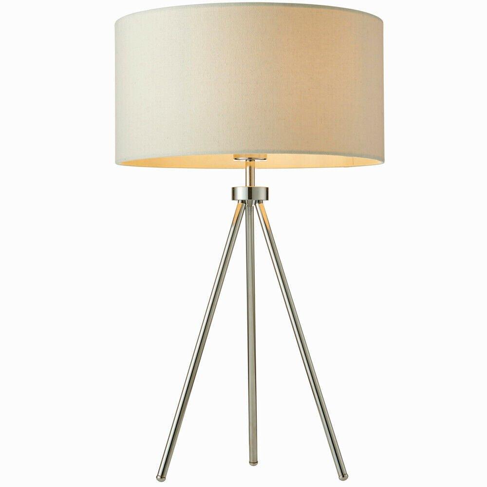 Modern Tripod Table Lamp Chrome & Ivory Shade Slim Metal Leg Bedside Desk Light