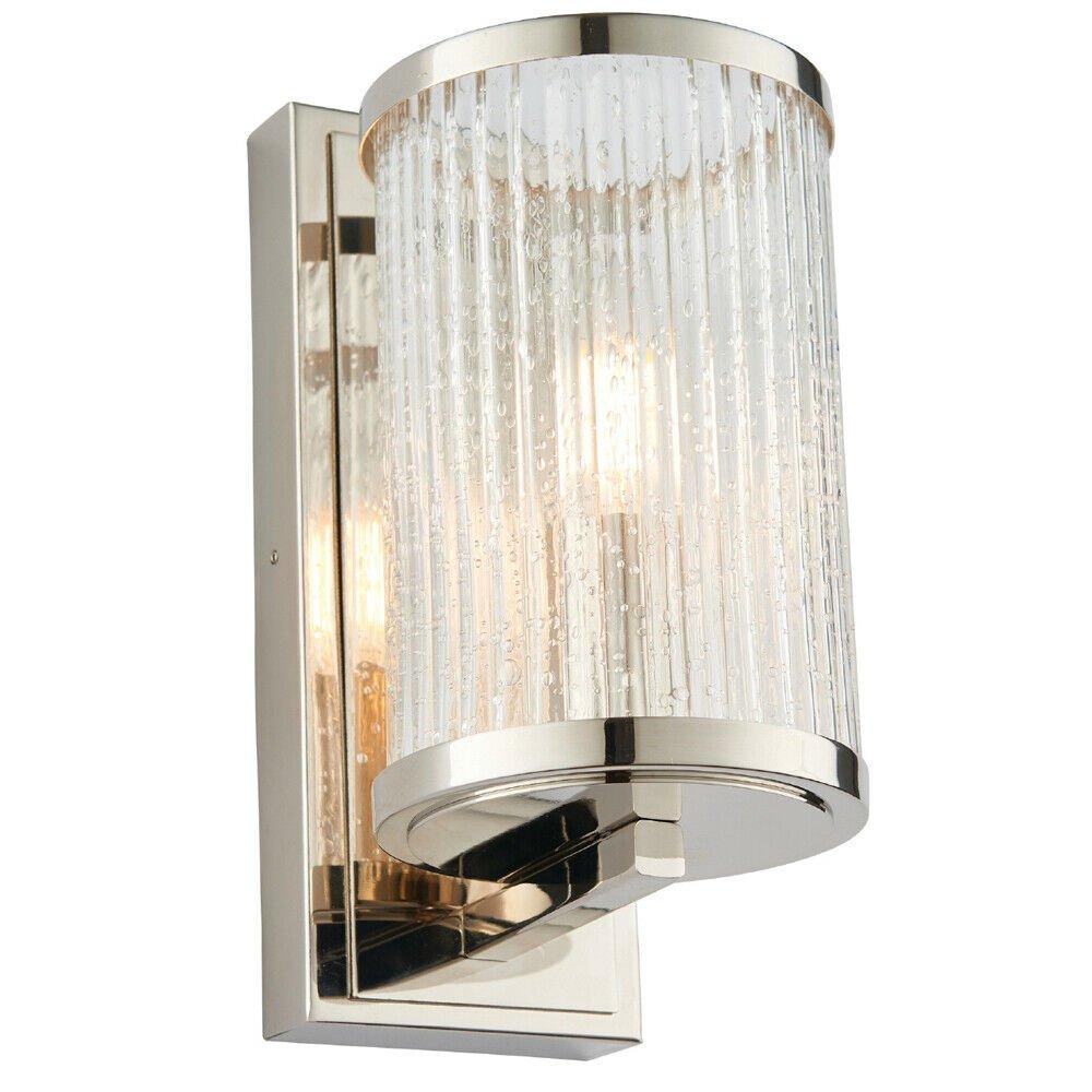 Dimmable LED Wall Light Nickel & Ribbed Bubble Glass Shade Hanging Lamp Fitting