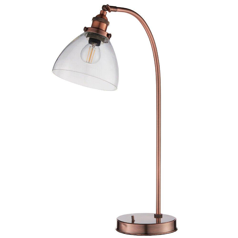 Industrial Curved Table Lamp Tarnished Copper & Glass Shade Modern Bedside Light