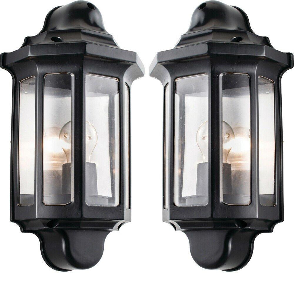 2 PACK IP44 Outdoor Wall Light Satin Black Half Traditional Dimmable Porch Lamp