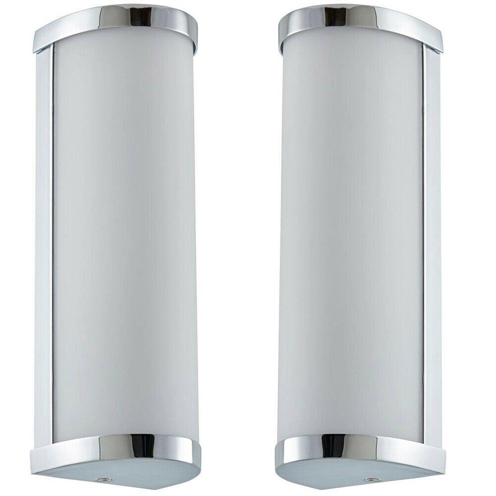 2 PACK IP44 Bathroom Wall Light Chrome & Frosted Glass Modern Twin Curved Lamp