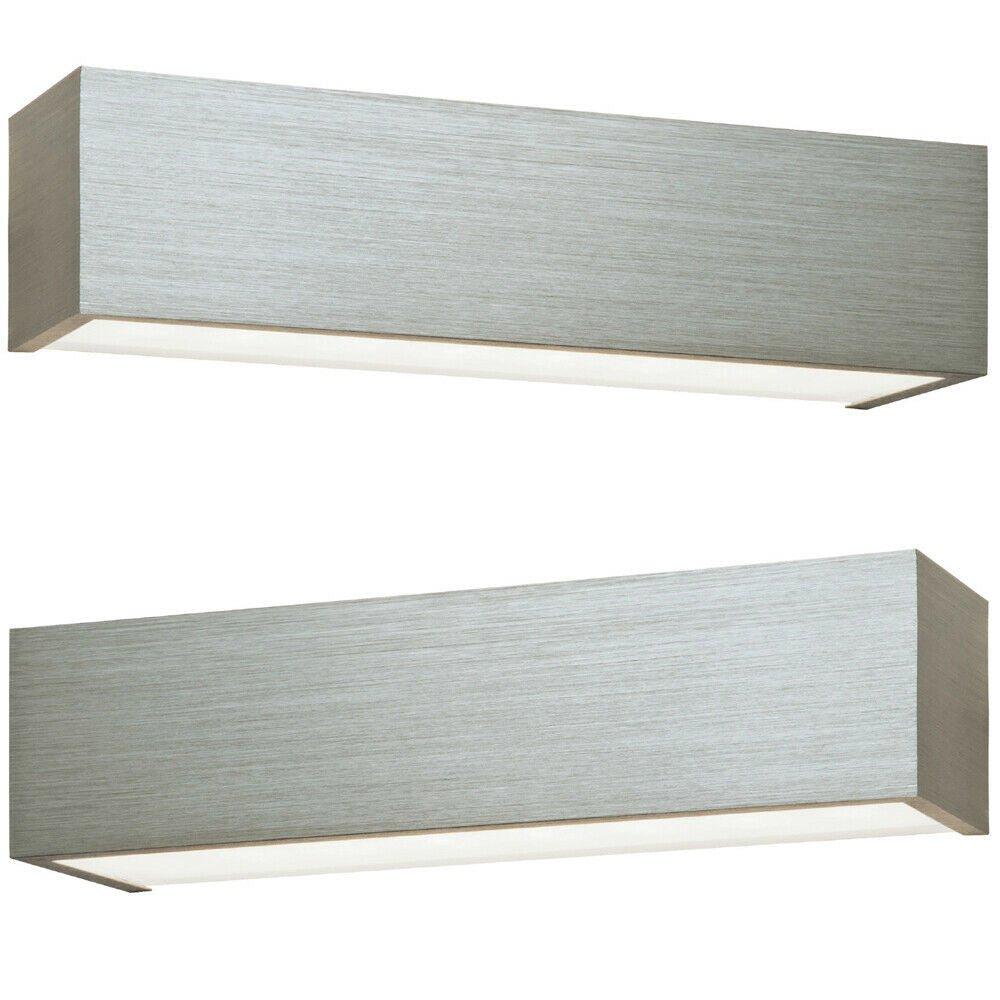 2 PACK LED Box Wall Light Warm White Brushed Aluminium & Frosted Glass Lamp