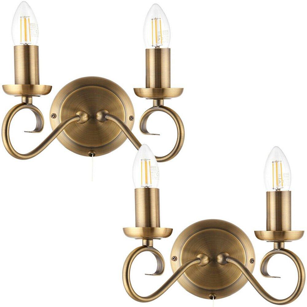 2 PACK Dimmable LED Twin Wall Light Antique Brass Chandelier 2x Bulb Lamp Kit