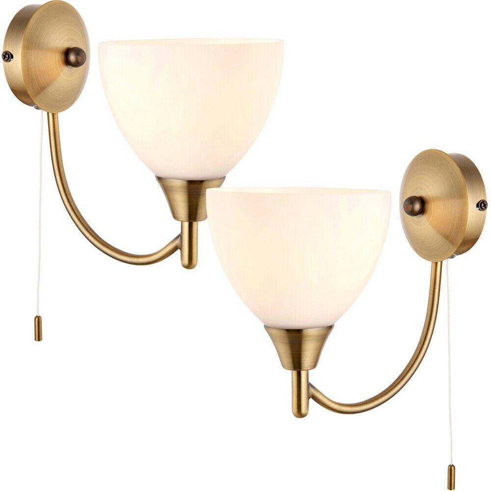 2 PACK Dimmable LED Wall Light Antique Brass & Frosted Glass Shade Curved Lamp