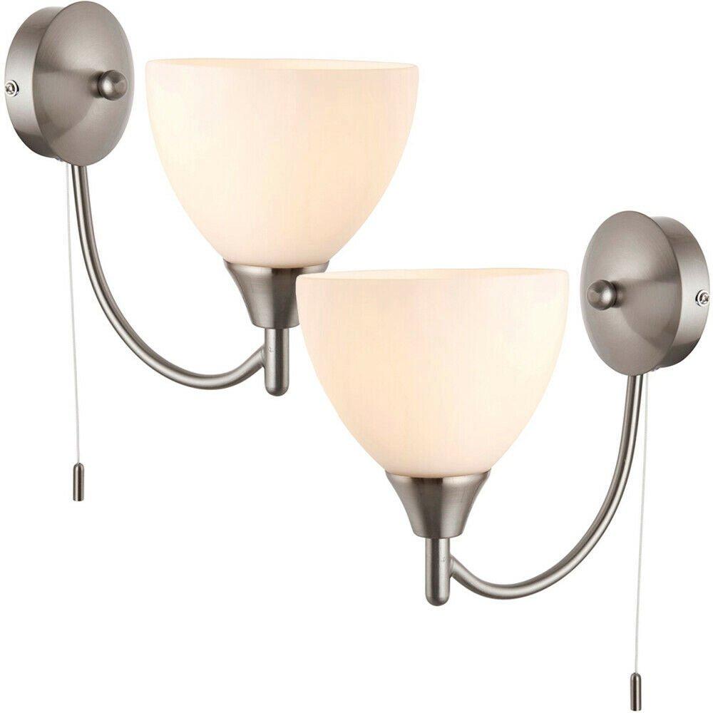 2 PACK Dimmable LED Wall Light Satin Chrome & Frosted Glass Shade Curved Lamp
