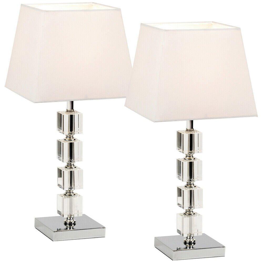 2 PACK Square Table Lamp Light Chrome Acrylic Cubes White Shade Desk Sideboard