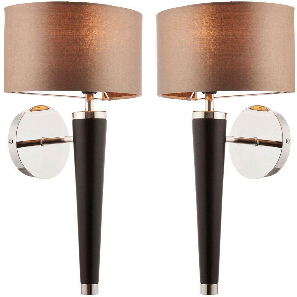 2 PACK Dimmable LED Wall Light Walnut & Silver Effect Shade Wooden Lamp Fitting