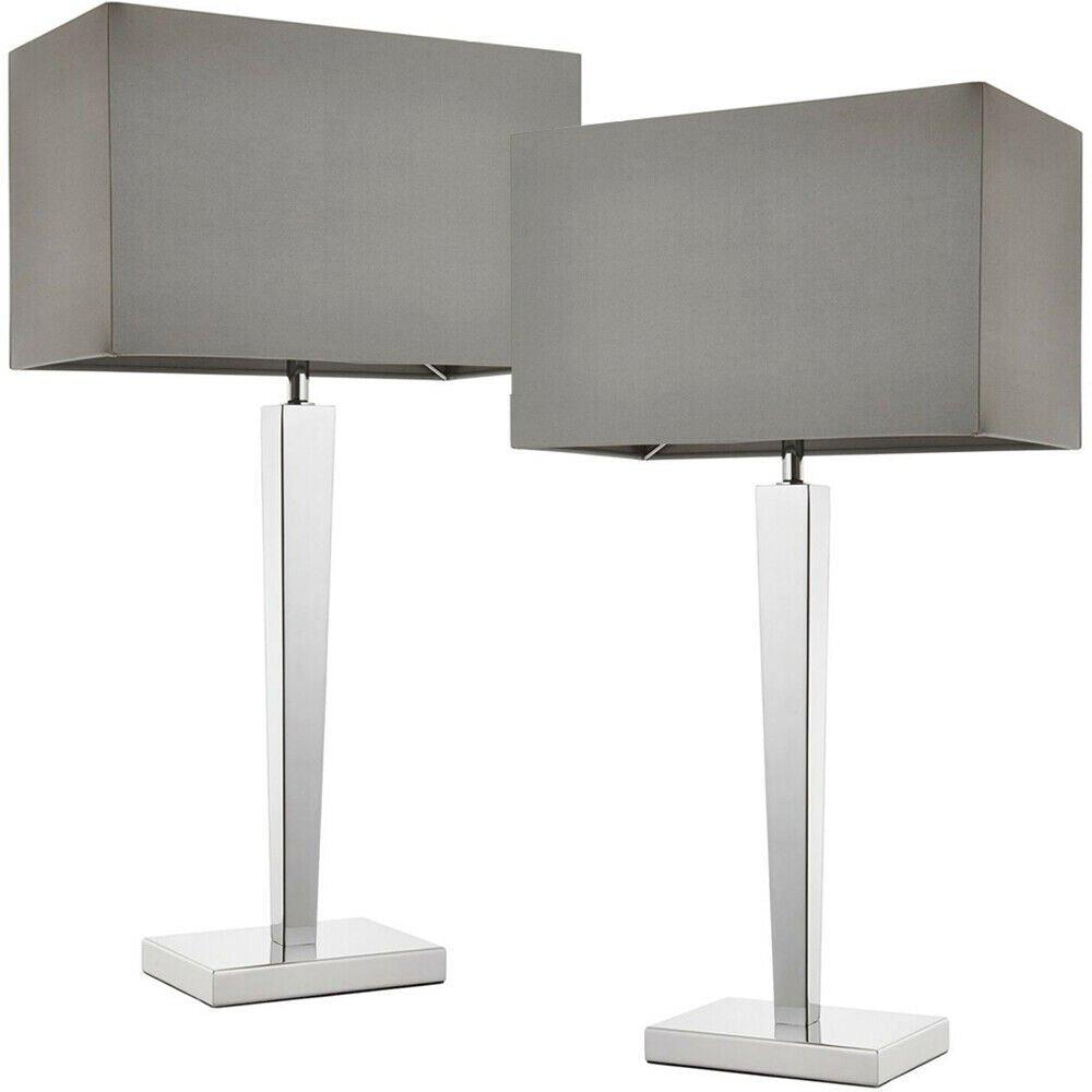 2 PACK Rectangular Table Lamp Light Modern Chrome & Grey Shade Sleek Sideboard
