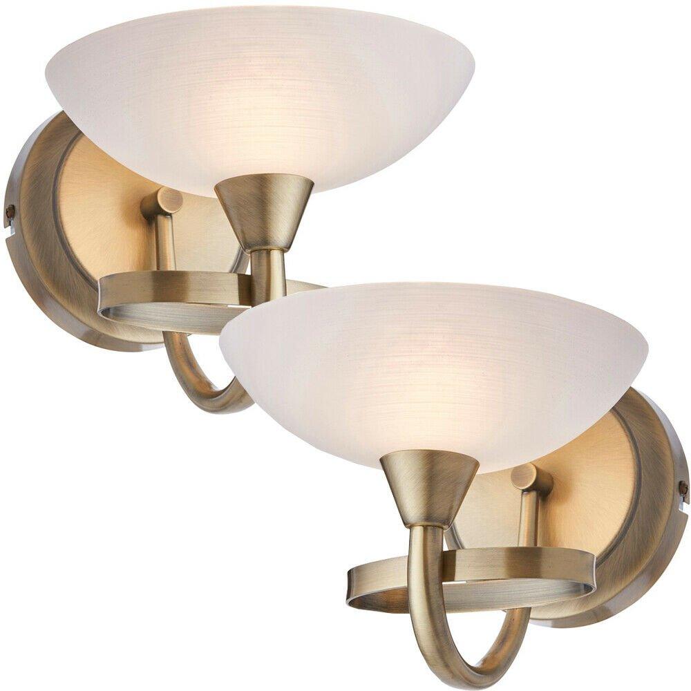 2 PACK Dimming LED Wall Light Brass & White Lined Glass Vintage Curved Lamp