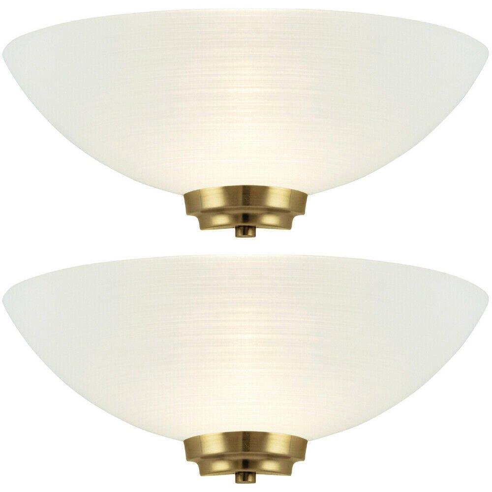 2 PACK Dimmable LED Wall Light Antique Brass White Pattern Glass Shade Dome Lamp