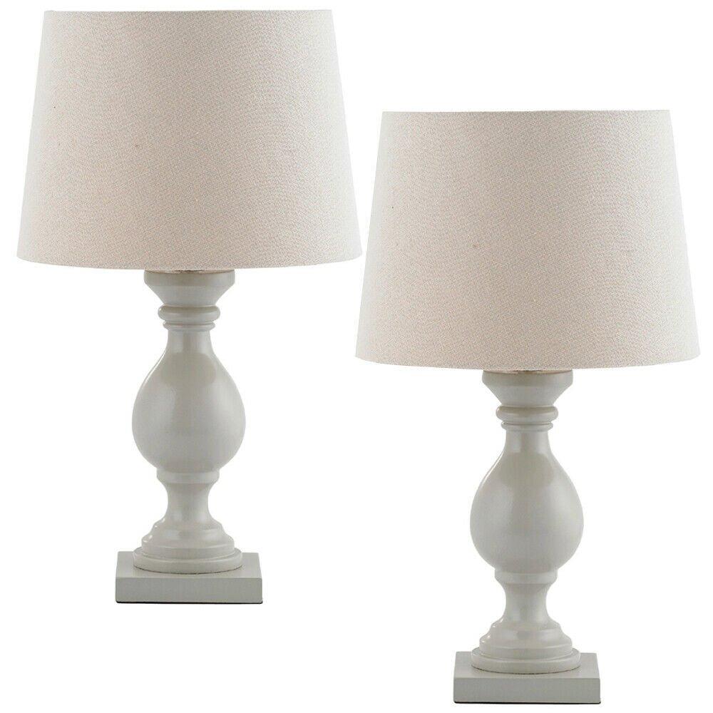 2 PACK Classic Wooden Table Lamp Taupe & Off White Shade Pretty Bedside Light