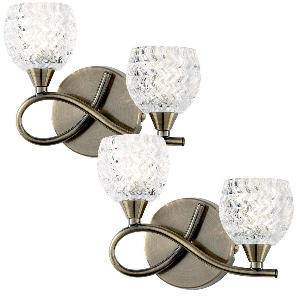 2 PACK LED Twin Wall Light Twist Arm Antique Brass Glass Pattern Dimming Lamp