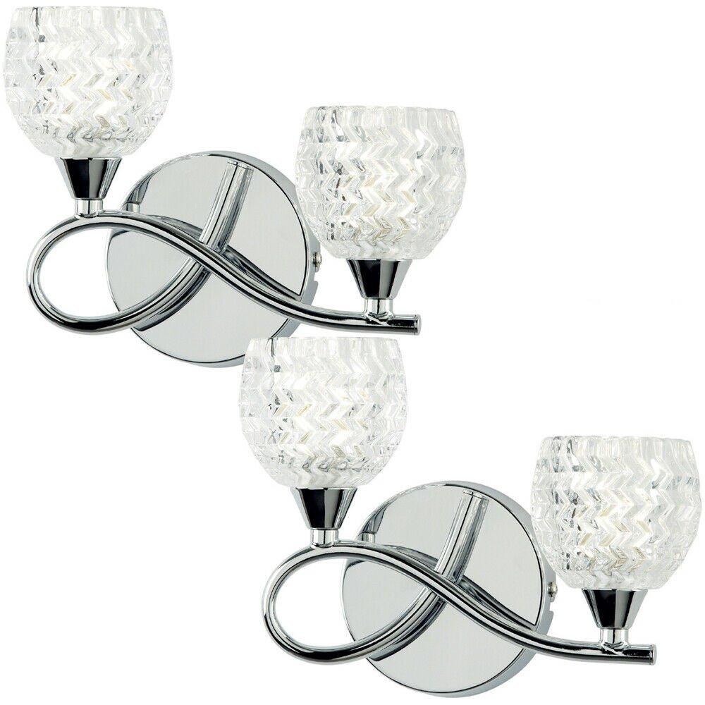 2 PACK LED Twin Wall Light Twisted Chrome Arm Glass Pattern Shade Dimming Lamp