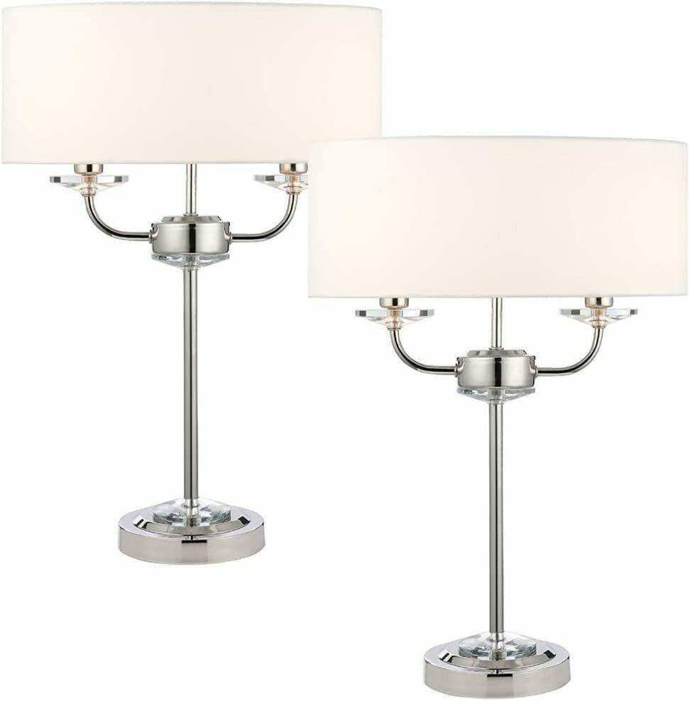2 PACK Twin Light Table Lamp Bright Nickel & White Shade Crystal Trim Bedside