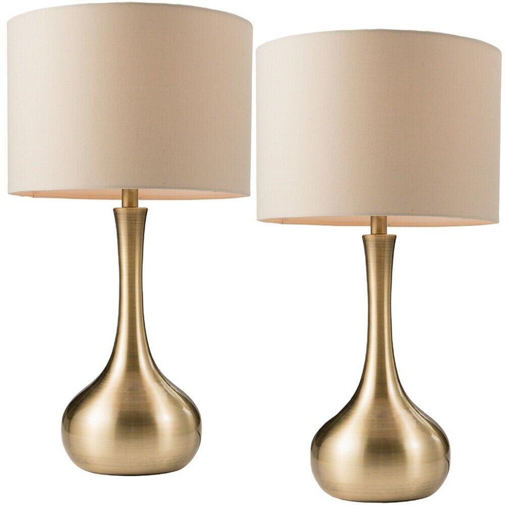 2 PACK - Touch Dimmer Table Lamp Brass & Taupe Shade Metal Bedside Reading Light