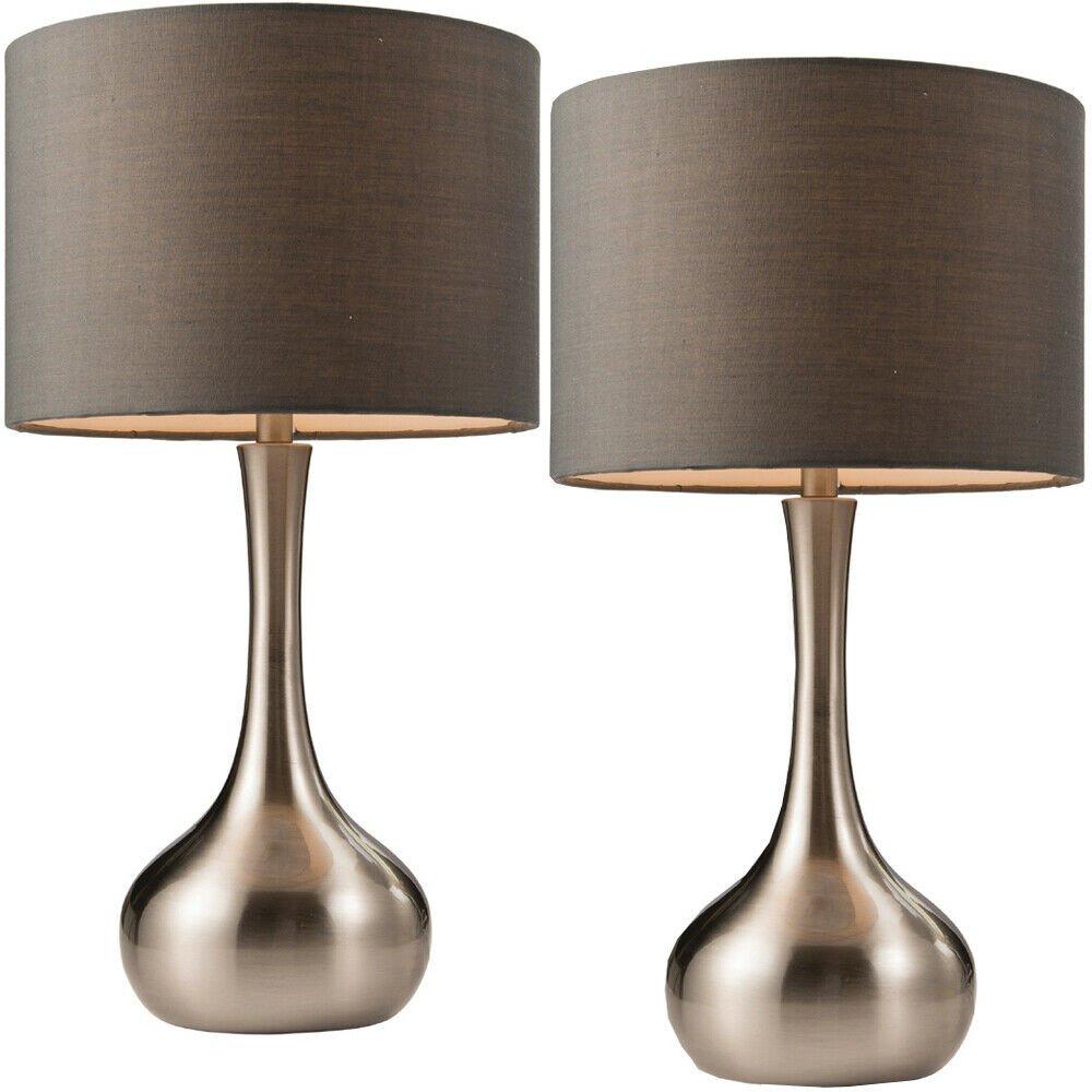 2 PACK - Touch Dimmer Table Lamp Satin Nickel & Grey Shade Metal Bedside Light