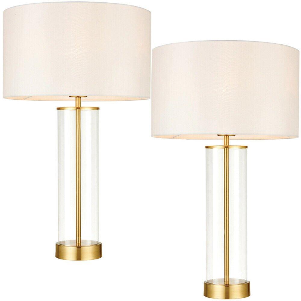 2 PACK Touch Dimmable Table Lamp Gold Glass & White Shade Modern Bedside Light