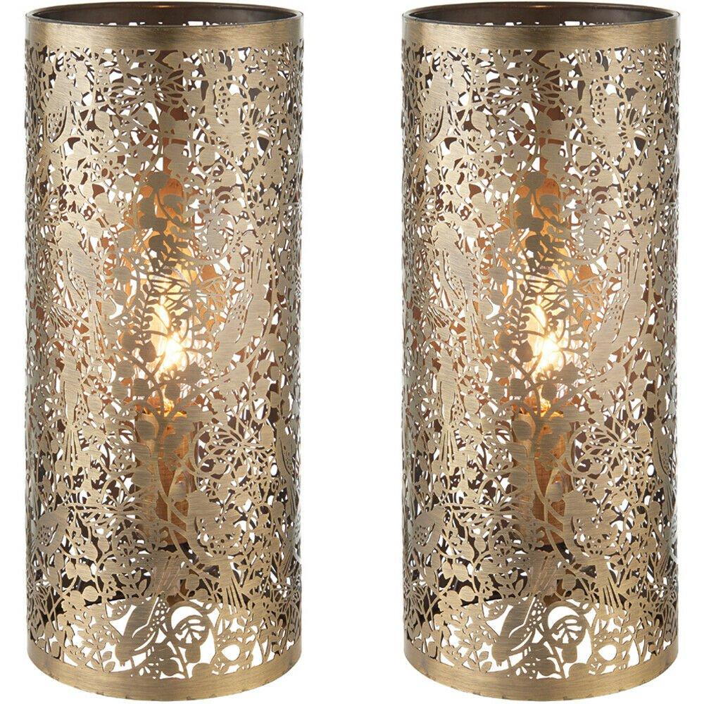 2 PACK - Pattern Table Lamp Light Aged Brass Floral Bird Metal Cylindrical Shade