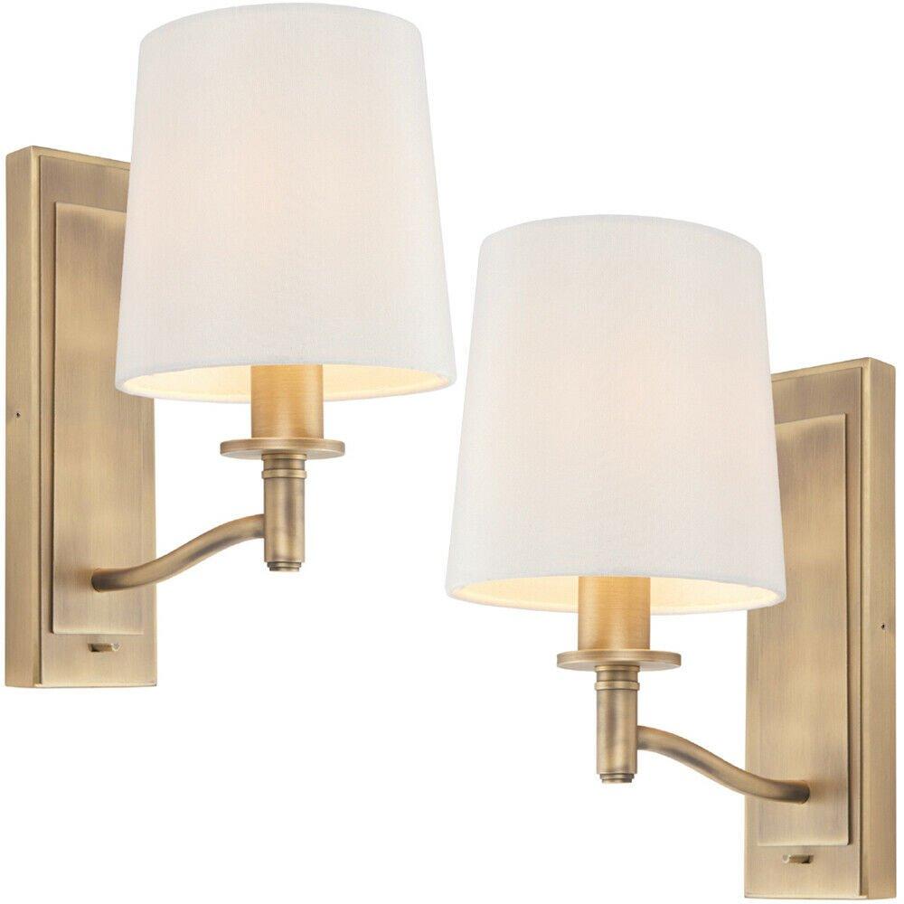 2 PACK Dimmable LED Wall Light Antique Brass & White Shade Classic Vintage Lamp