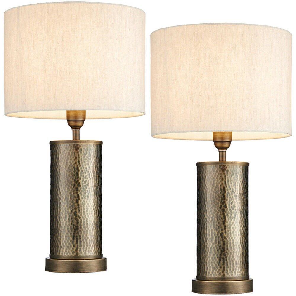 2 PACK Hammered Bronze Table Lamp Aged Metal & Off White Shade Bedside Light