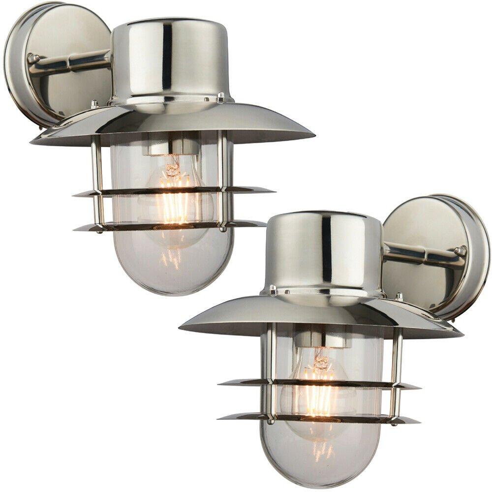2 PACK IP44 Outdoor Wall Lamp Stainless Steel Caged Glass Lantern Down Light