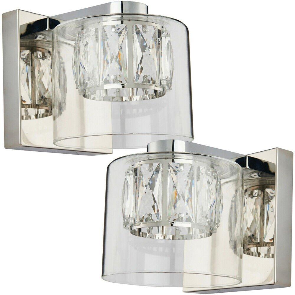 2 PACK Crystal LED Wall Light Square Chrome & Luxury Shade Glass Lamp Fitting