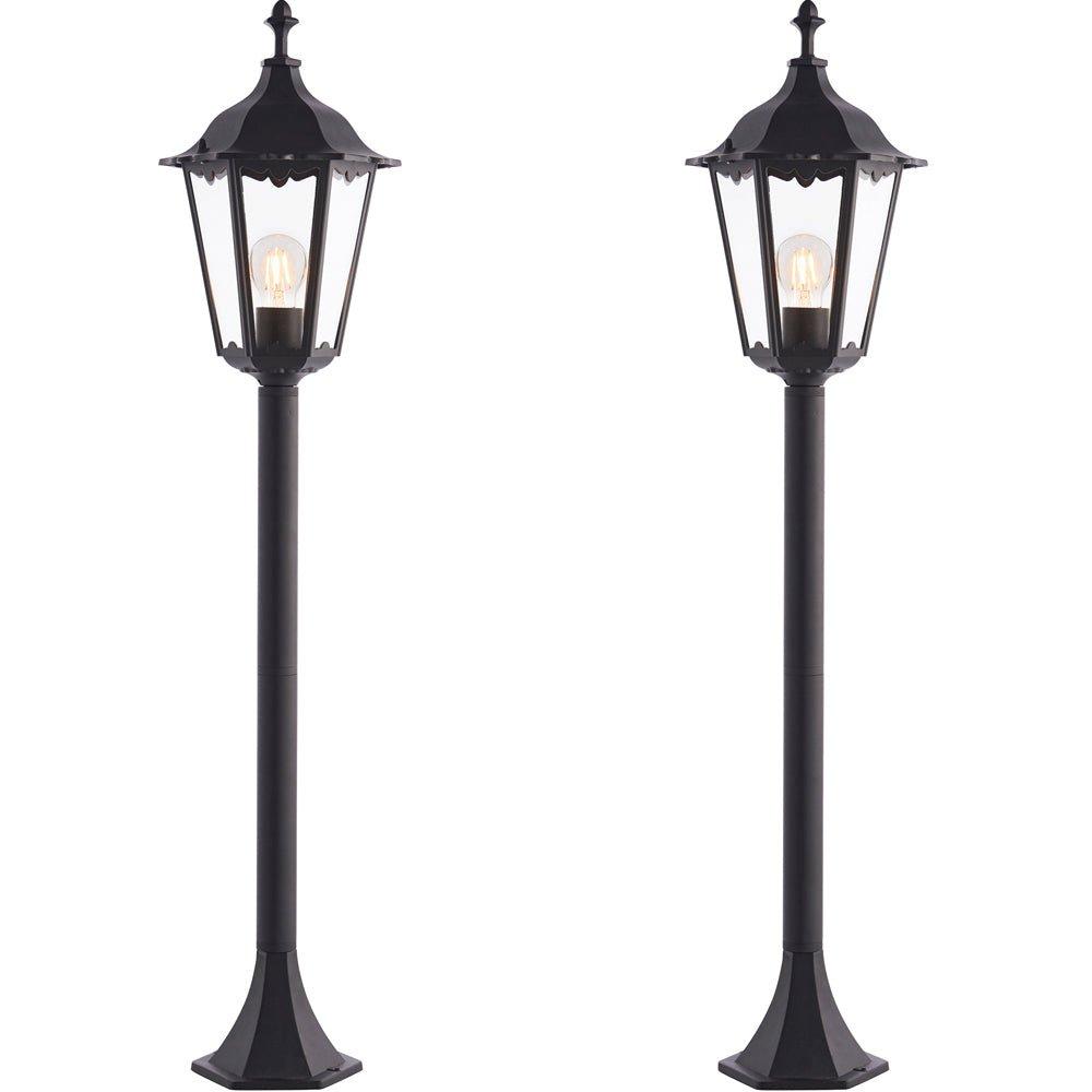 2 PACK Outdoor Lamp Post Lantern Bollard Light Matt Black & Glass 1m Tall LED