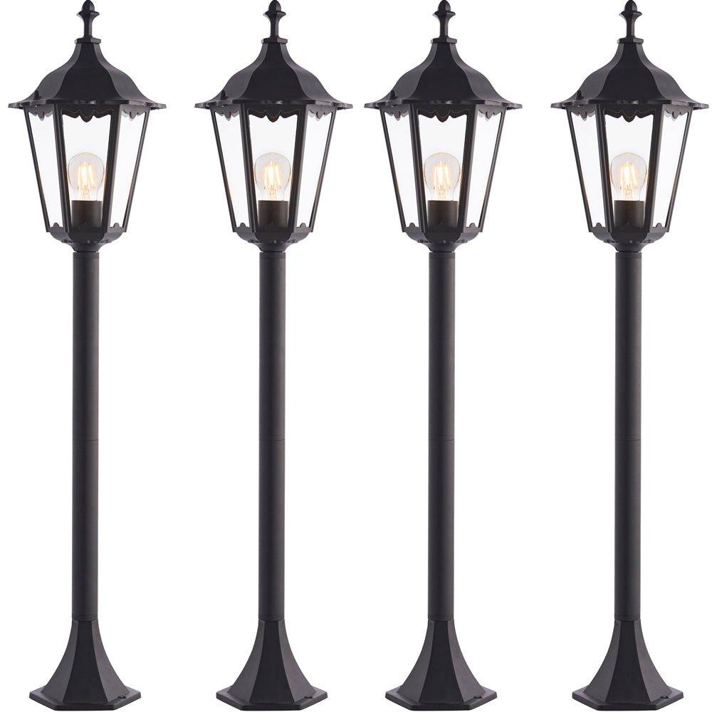 4 PACK Outdoor Lamp Post Lantern Bollard Light Matt Black & Glass 1m Tall LED