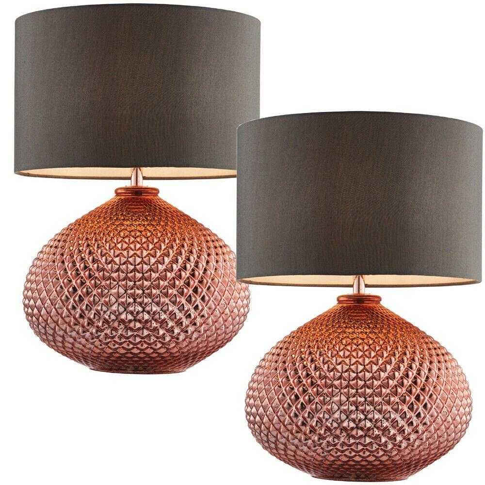 2 PACK Modern Textured Table Lamp Copper Glass Base & Grey Shade Bedside Light