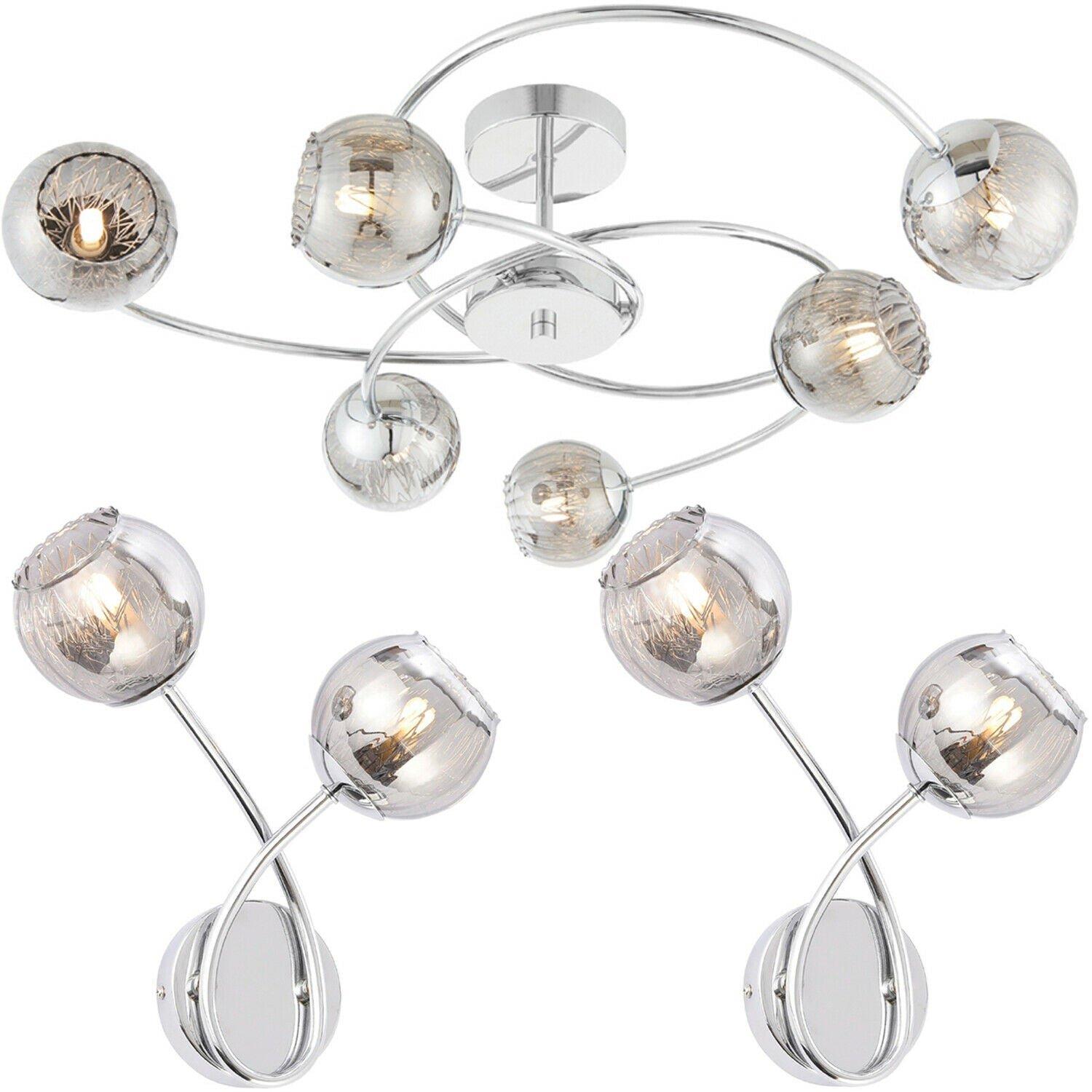 6 Arm Ceiling & 2x Wall Light Pack Chrome Smoked Glass Matching Indoor Fittings