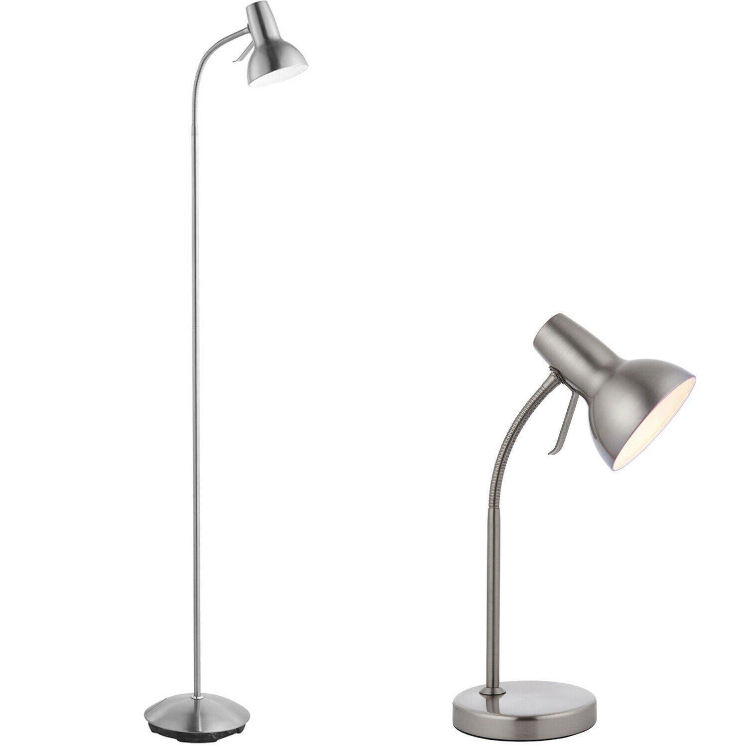 Standing Floor & Table Lamp Set Satin Nickel Adjustable Neck Living Room Light
