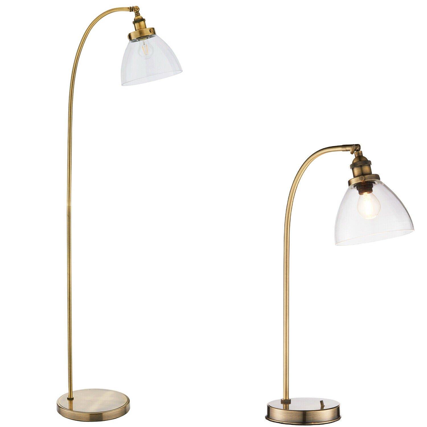 Standing Floor & Table Lamp Set Antique Brass Glass Shade Retro Industrial Light