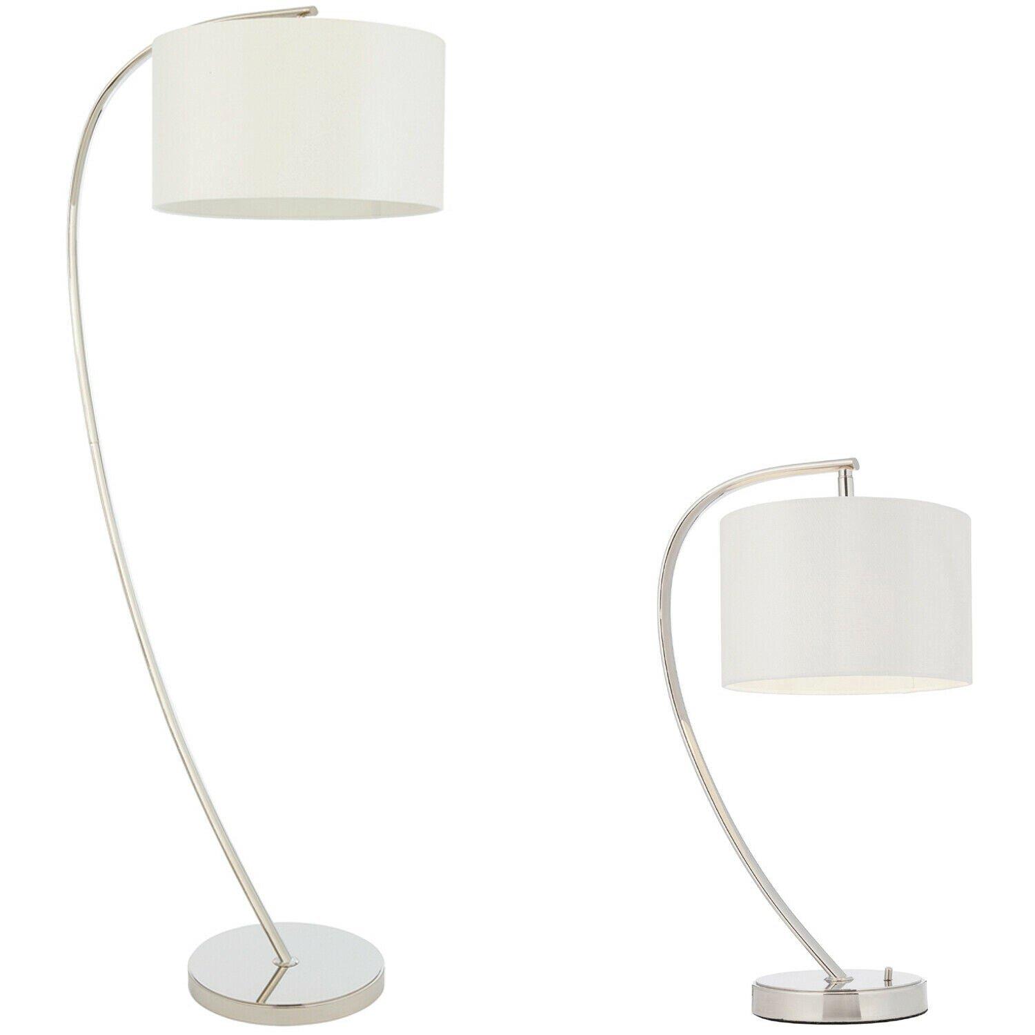 Standing Floor & Table Lamp Set Bright Nickel & White Shade Curved Stem Light