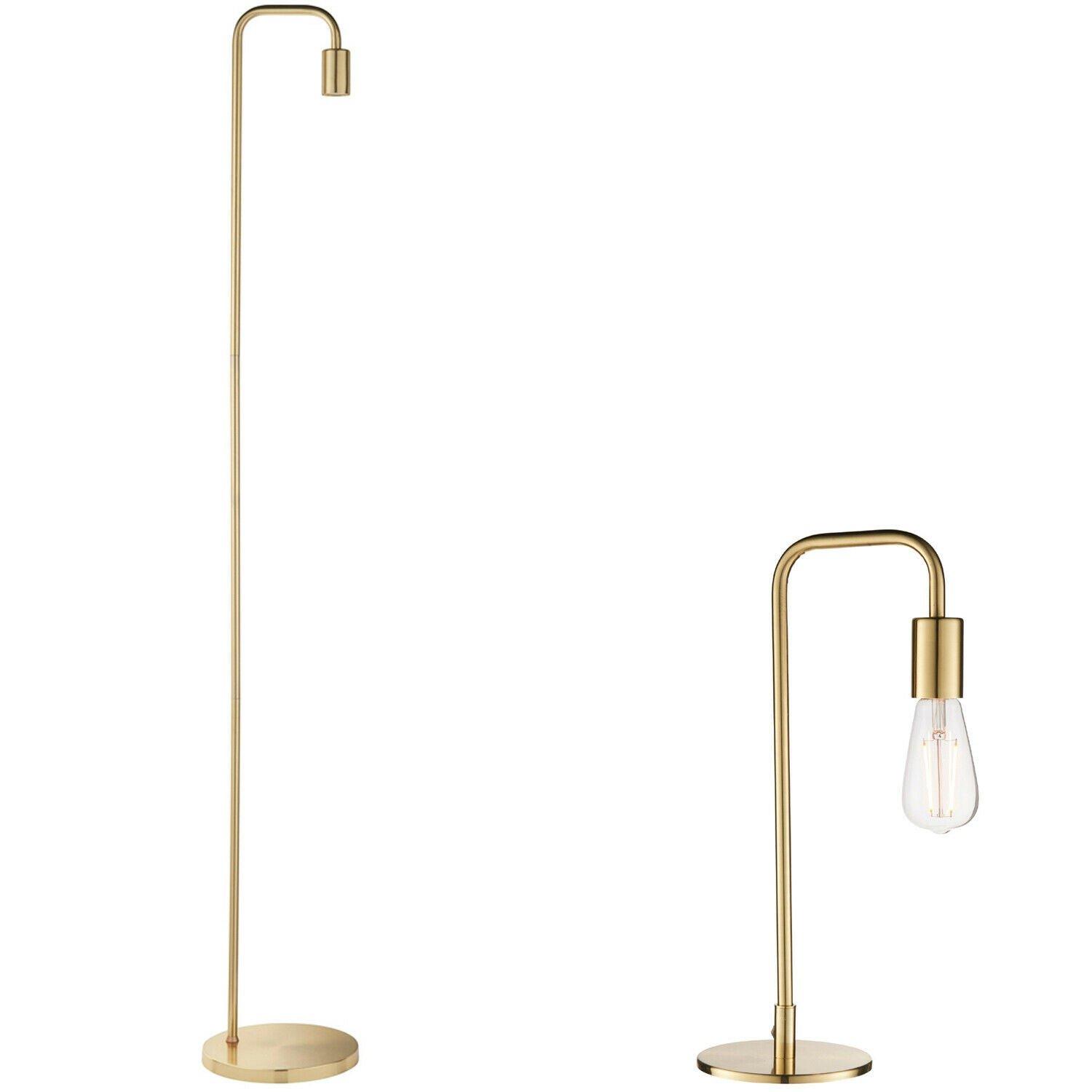 Standing Floor & Table Lamp Set Brushed Brass Industrial Curved Arm Slim Light