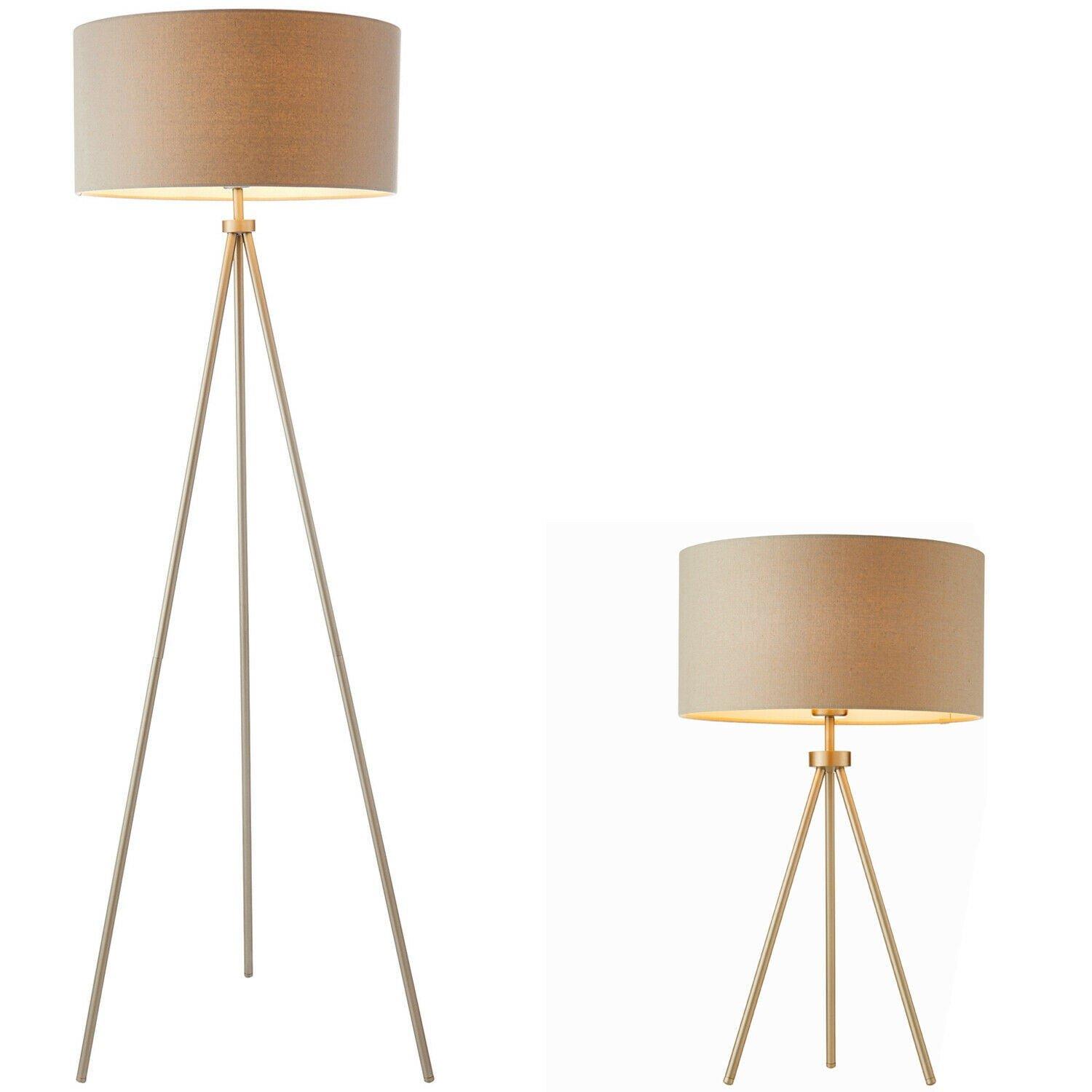 Standing Floor & Table Lamp Set Matt Nickel & Grey Shade Sleek Tripod Leg Light