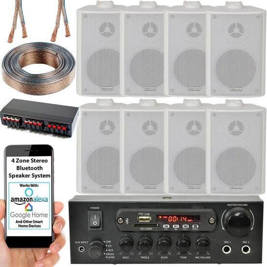Loops Bluetooth Wall Speaker Kit 4 Zone Stereo Amp & 8x White Wall Background Music 2