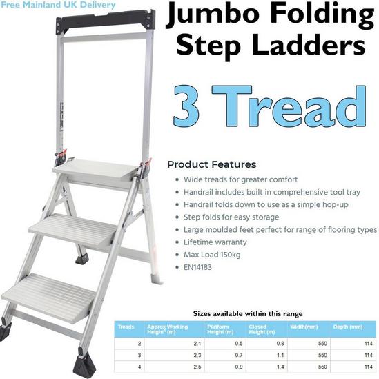 Loops 0.7m PREMIUM JUMBO Folding Step Ladders 3 Tread Anti Slip Aluminium Safety Steps 2