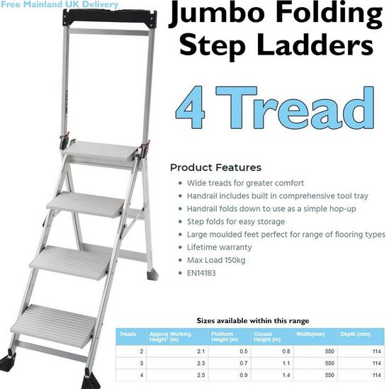 Loops 0.9m PREMIUM JUMBO Folding Step Ladders 4 Tread Anti Slip Aluminium Safety Steps 2