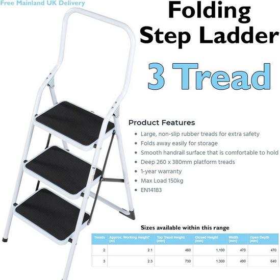 Loops 0.75m Folding Step Ladder Safety Stool 3 Tread Compact Anti Slip Rubber Steps 2