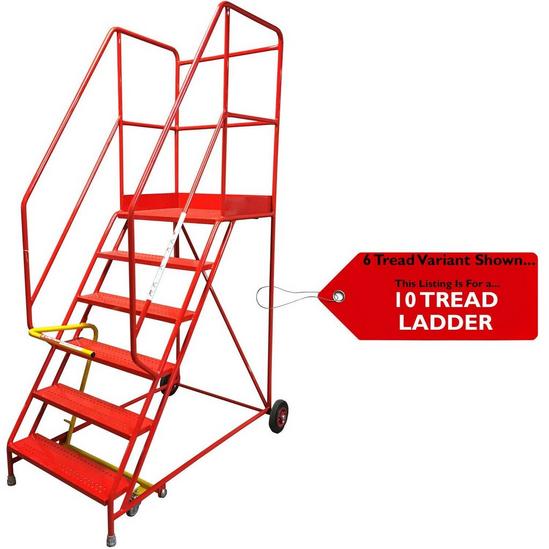 Loops 10 Tread HEAVY DUTY Mobile Warehouse Stairs Punched Steps 3.25m Safety Ladder 1