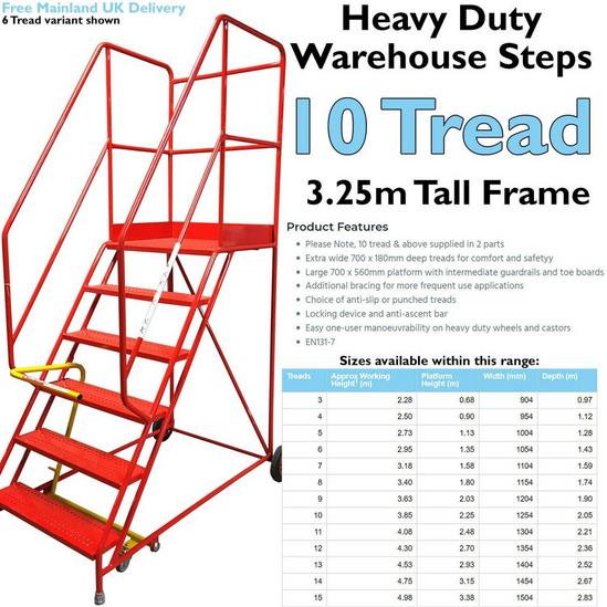 Loops 10 Tread HEAVY DUTY Mobile Warehouse Stairs Punched Steps 3.25m Safety Ladder 2