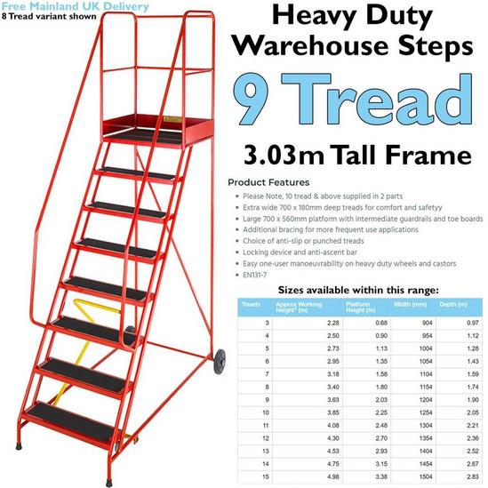 Loops 9 Tread HEAVY DUTY Mobile Warehouse Stairs Anti Slip Steps 3.03m Safety Ladder 2